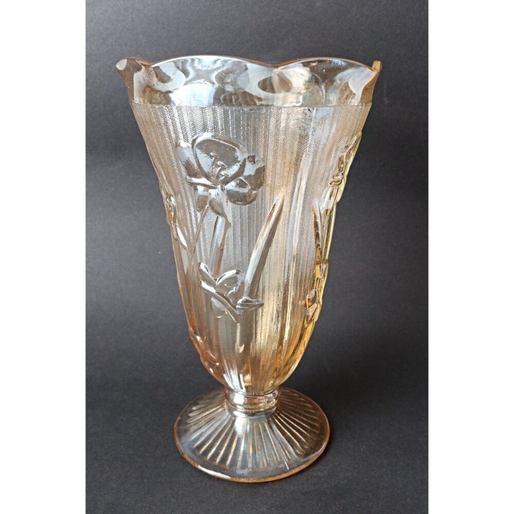 Depression Glass Iris And Herringbone Vase Iridescent Jeanette 1930s